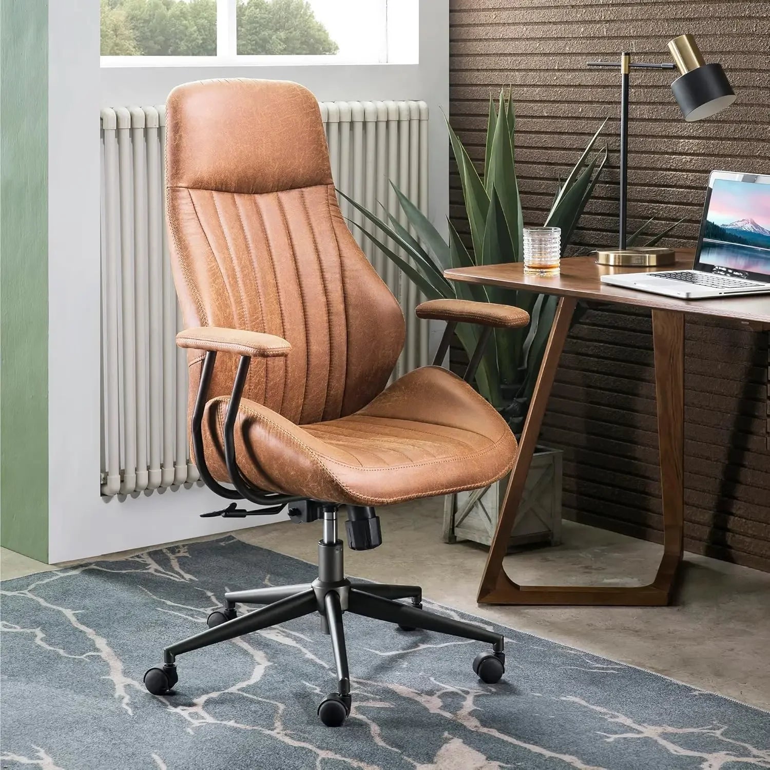 Ergonomic Mid-Century Leather Office Chair – High Back Executive Swivel Chair - Image 12