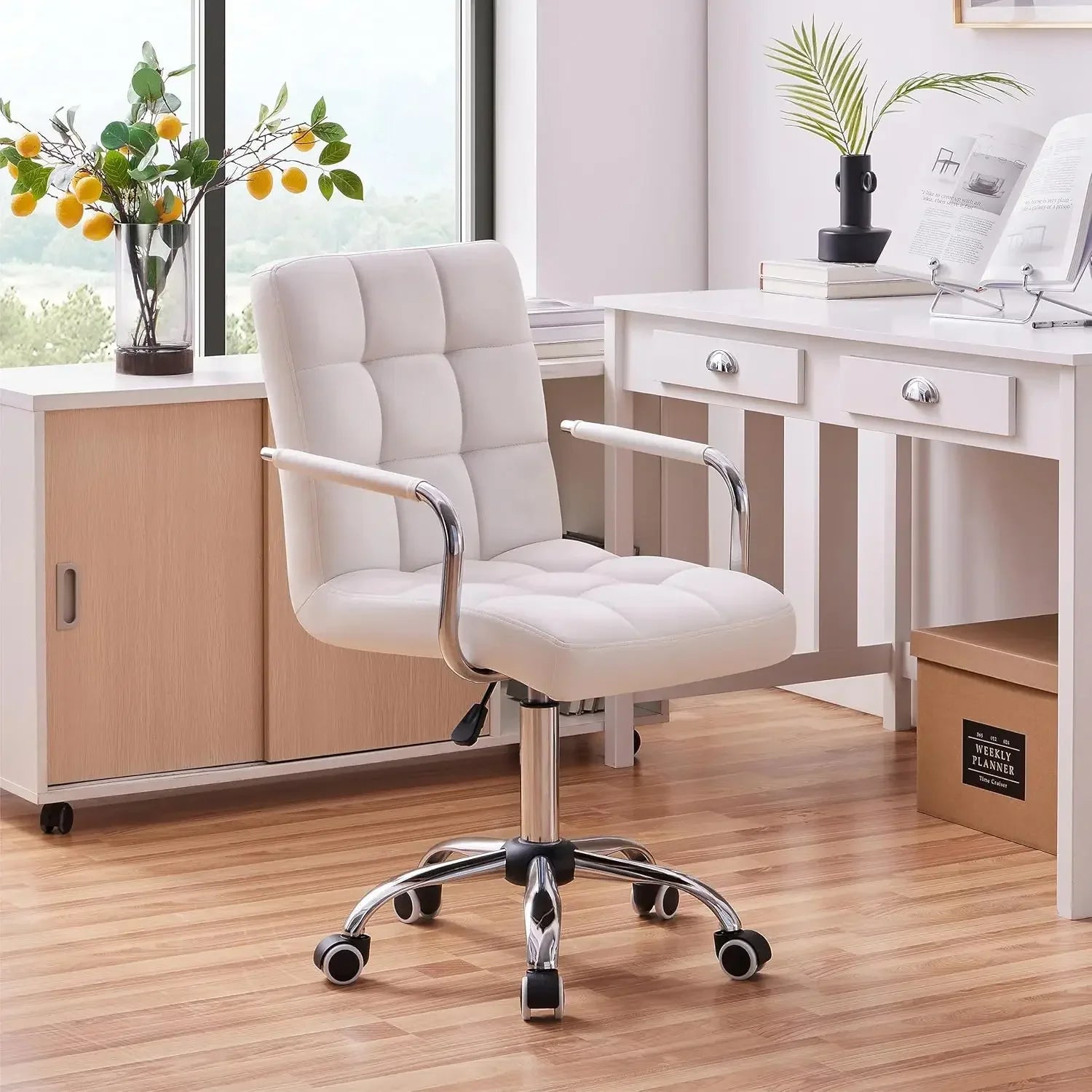 White PU Leather Office Chair – Modern Mid-Back Desk Chair with Wheels & Armrests - Image 2