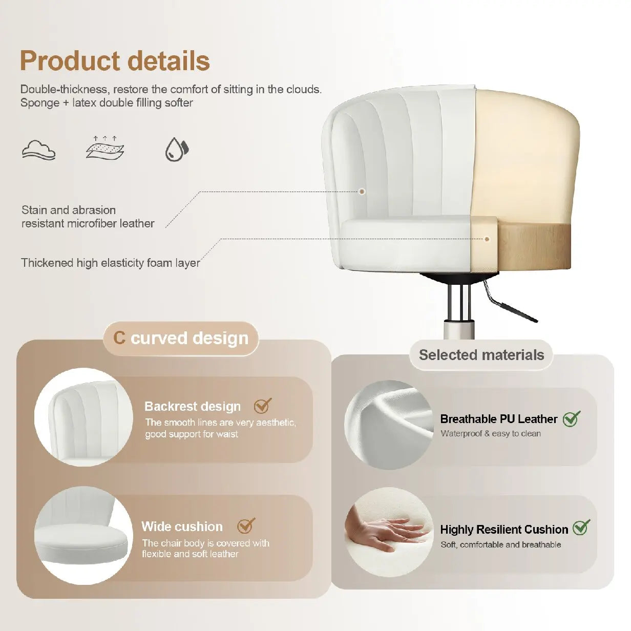 Small Round Rolling Desk Chair – Armless PU Leather Vanity & Spa Stool - Image 5