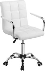 White PU Leather Office Chair – Modern Mid-Back Desk Chair with Wheels & Armrests